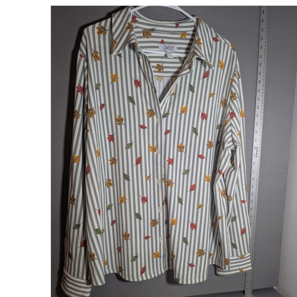 Denim & Co Button Collar Leaf Print Grey White Striped Fall Top Soft Festive 1X